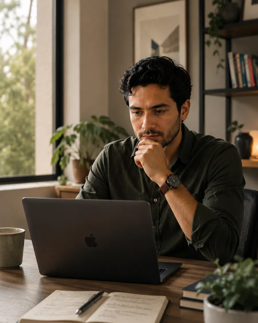 Professional during a focused remote screening on her laptop