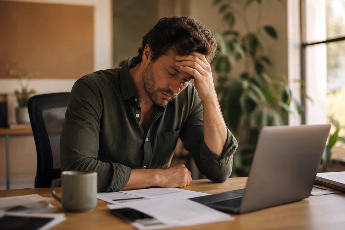 Candid photo, professional mid-task in a warm home office