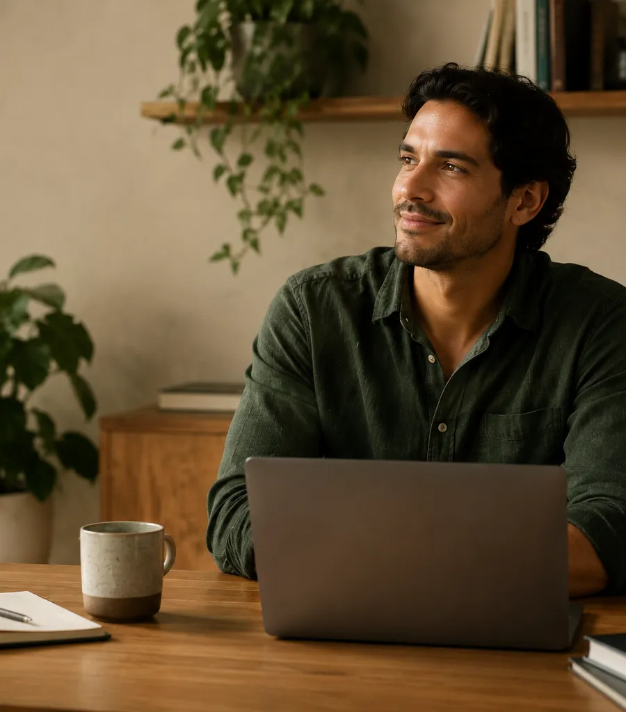 Man sitting confidently at his desk with a laptop, looking out the window