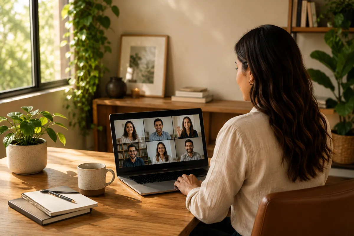 Woman smiling during a video call with six colleagues