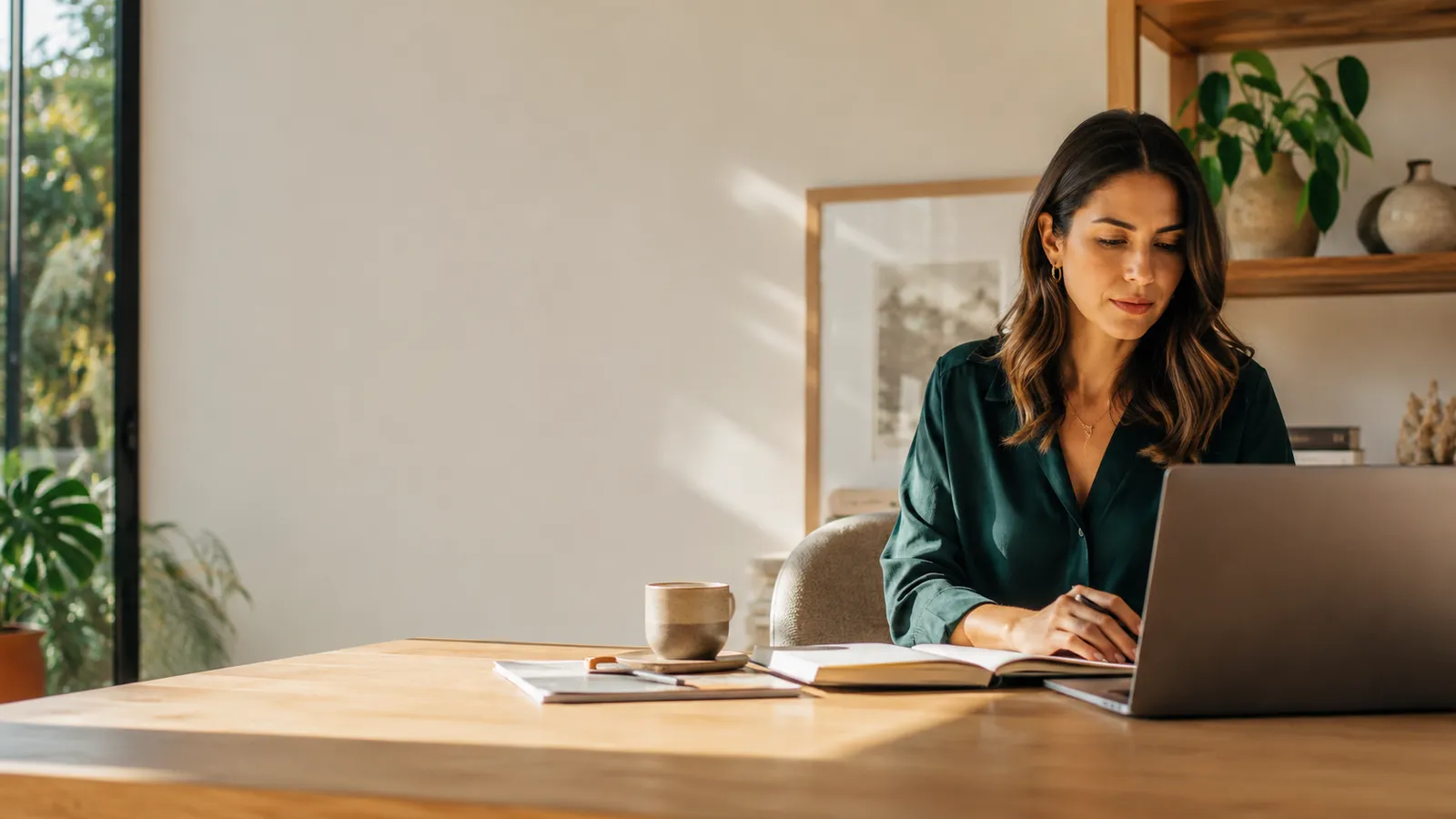 Bilingual Executive Assistant working at a laptop in a sunlit home office