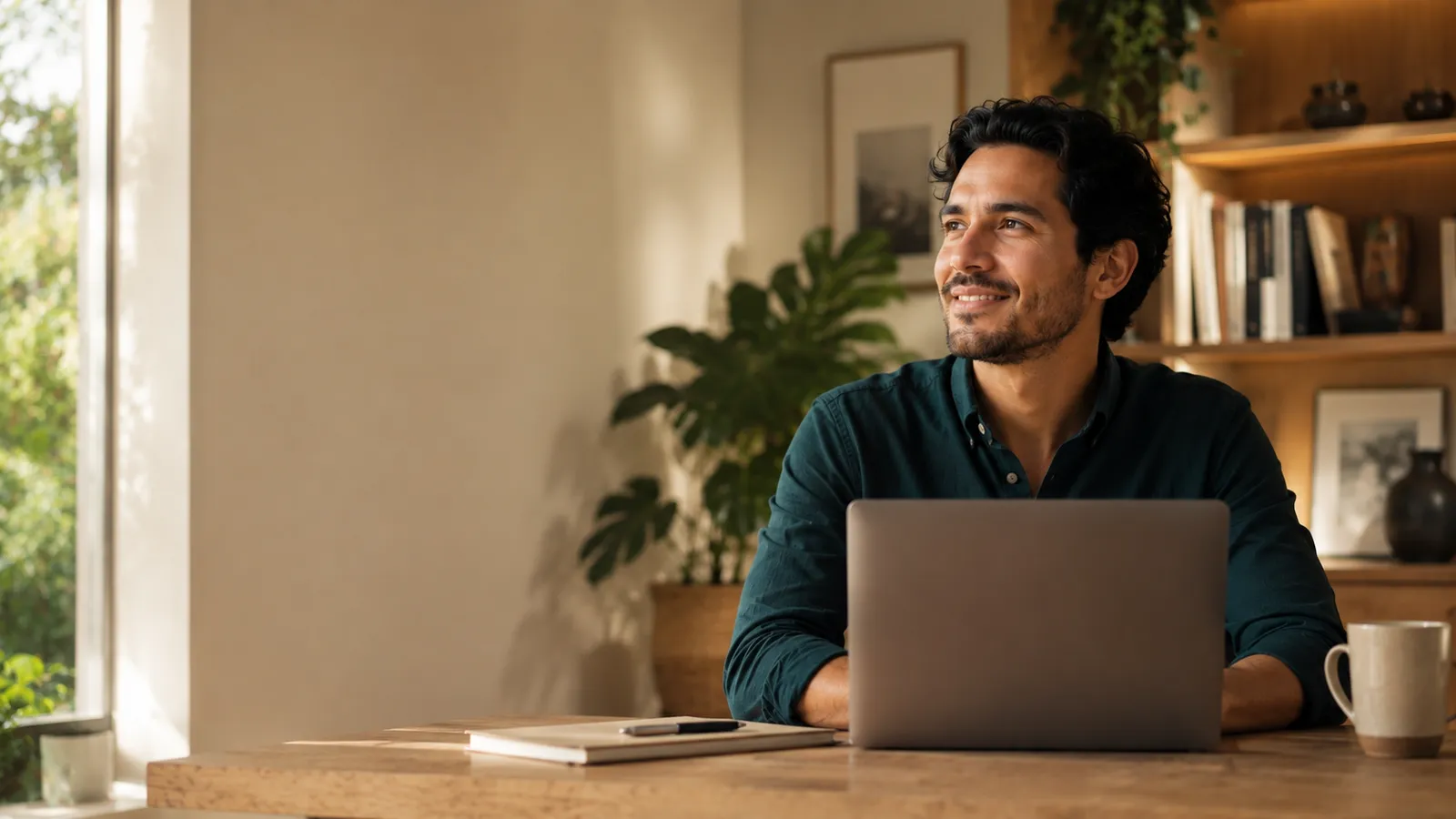 Latin American professional smiling while working at a laptop in a sunlit home office