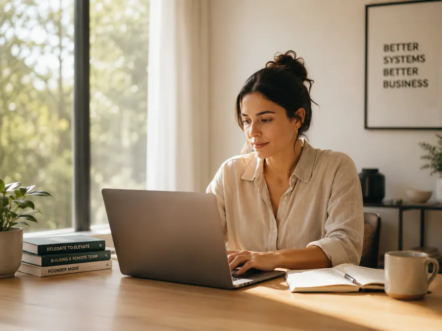 A professional working at a laptop in a bright home office