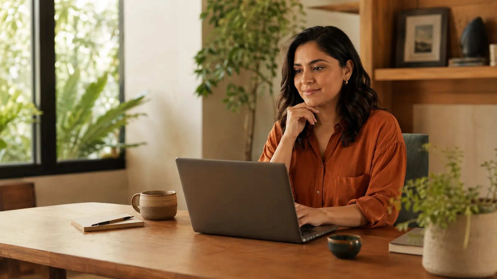 Poised professional working in a sun-filled home office