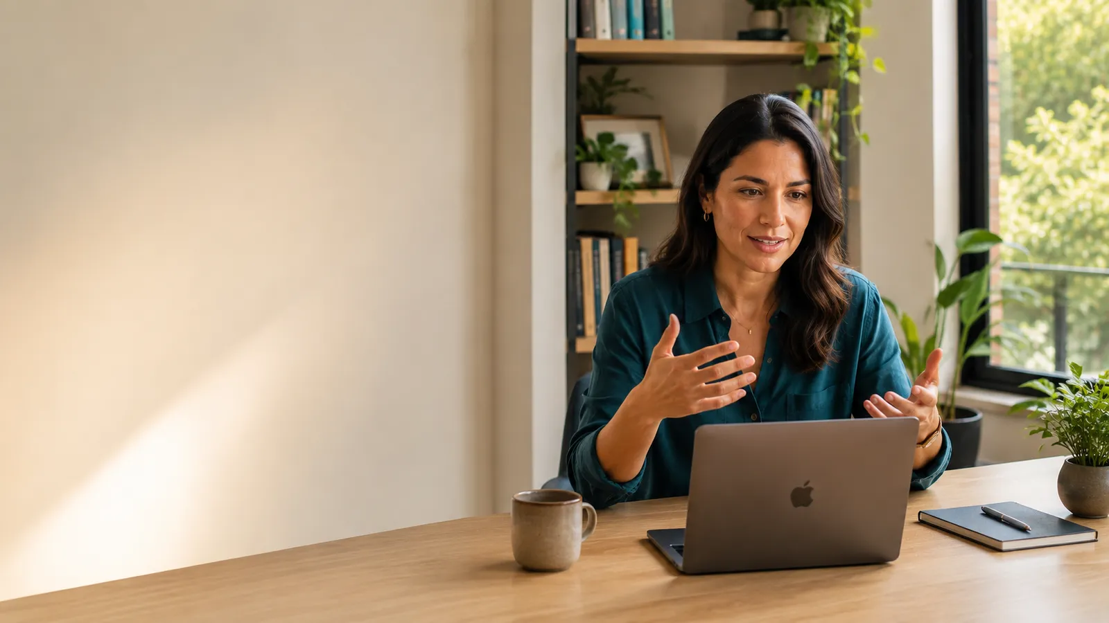 Latin American professional on a video call in a bright home office, collaborating in real time with a U.S. team