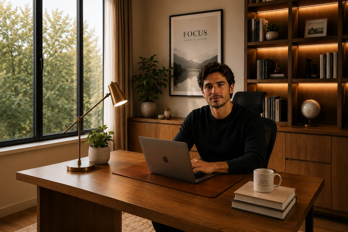 A professional working, calm and focused