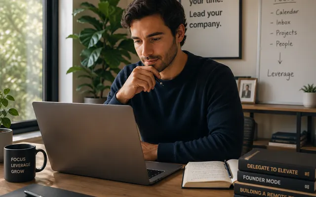 A founder reviewing a leverage and delegation plan at a laptop