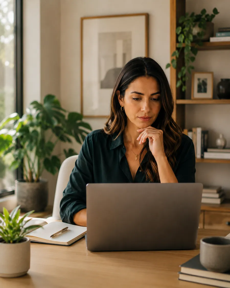 Woman thinking with her chin on her hand while reviewing something on her laptop