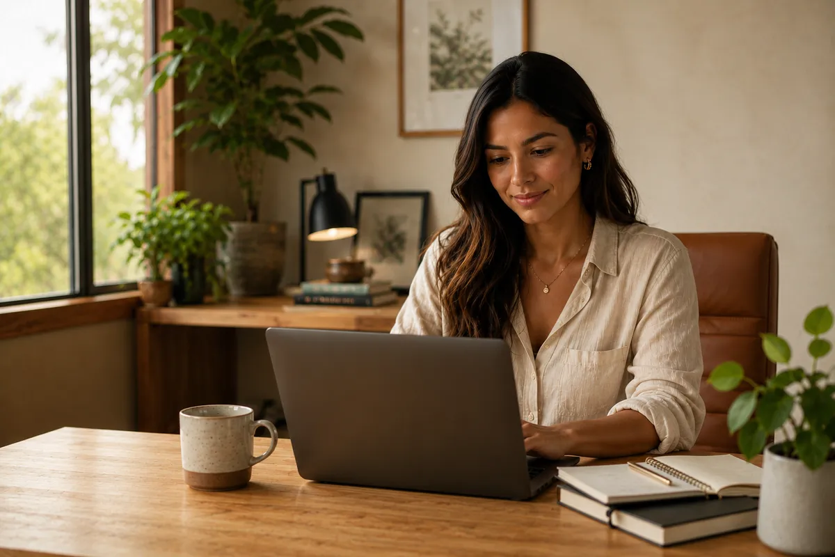 Woman working contentedly at a tidy home desk with a cup of coffee